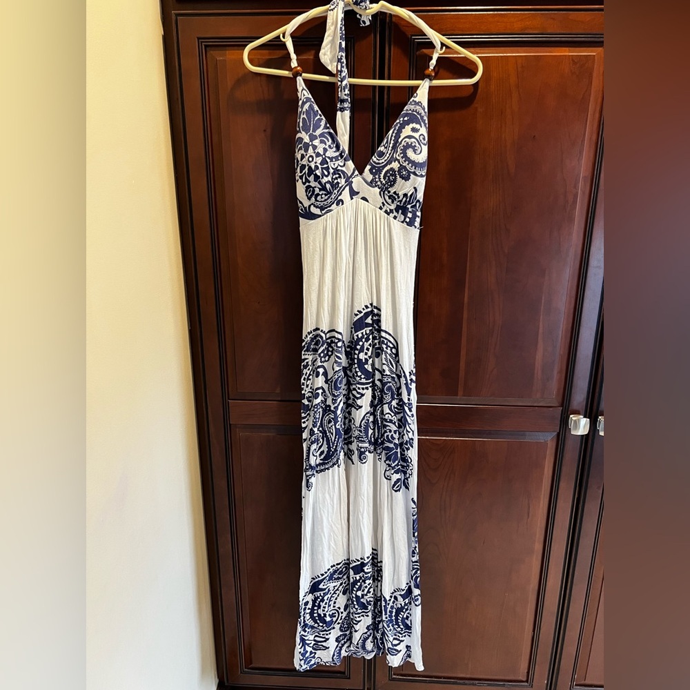 Rubber Ducky Productions Navy Blue and White Lined Maxi Dress w/Wood Beads - S/M